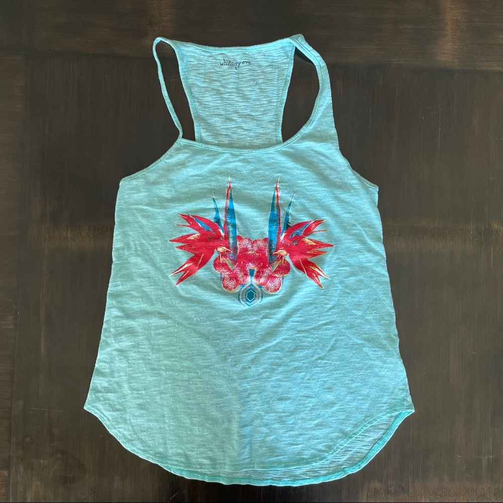 Whitney Eve "Byrd" Boho Aqua Asymmetrical Floral Graphic Racerback Tank Top, S